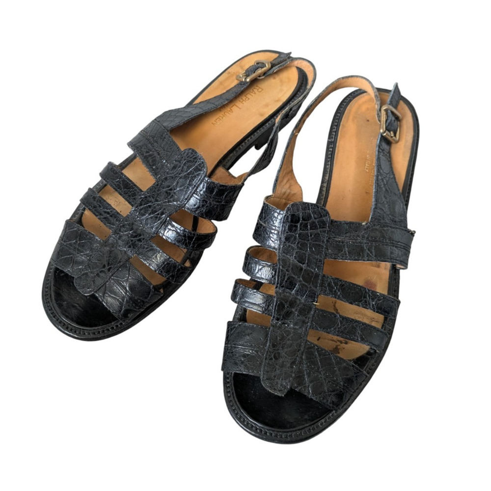 Ralph Lauren Black Croc-Embossed Leather Slingback Sandals